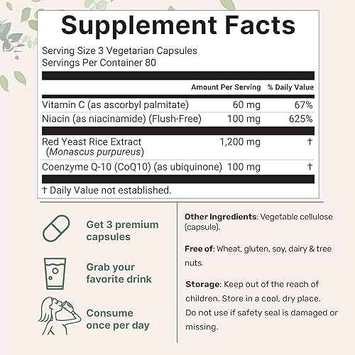 Miniatura 2 de Arroz de levadura roja de 1,200 mg con CoQ10 100 mg, 240 cápsulas vegetales  4 en 1 con niacina libre de rubor y vitamina C soluble en grasa  Apoyo