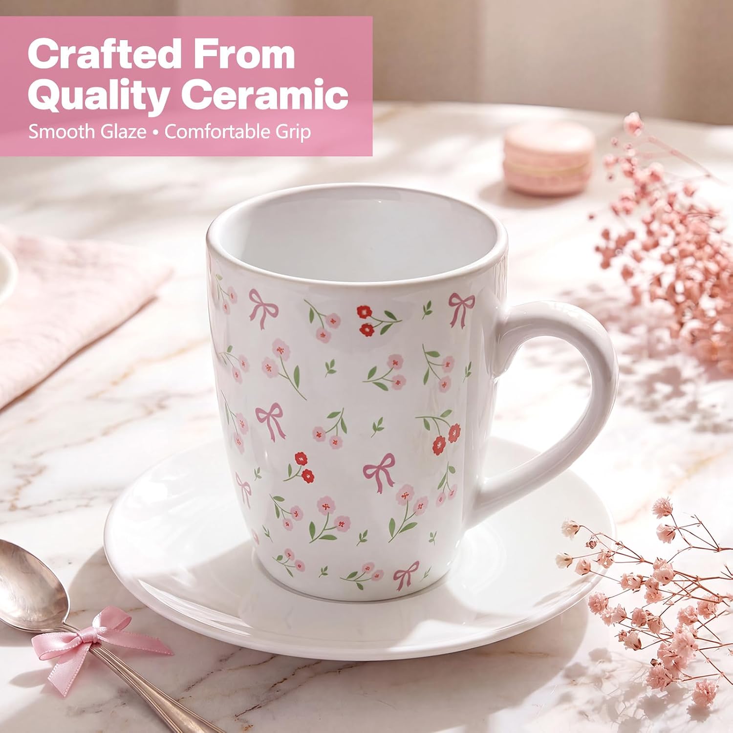 Thenshop 6 Pack Pink Floral Bow Ceramic Mugs, Decorative Coffee Cups image 3