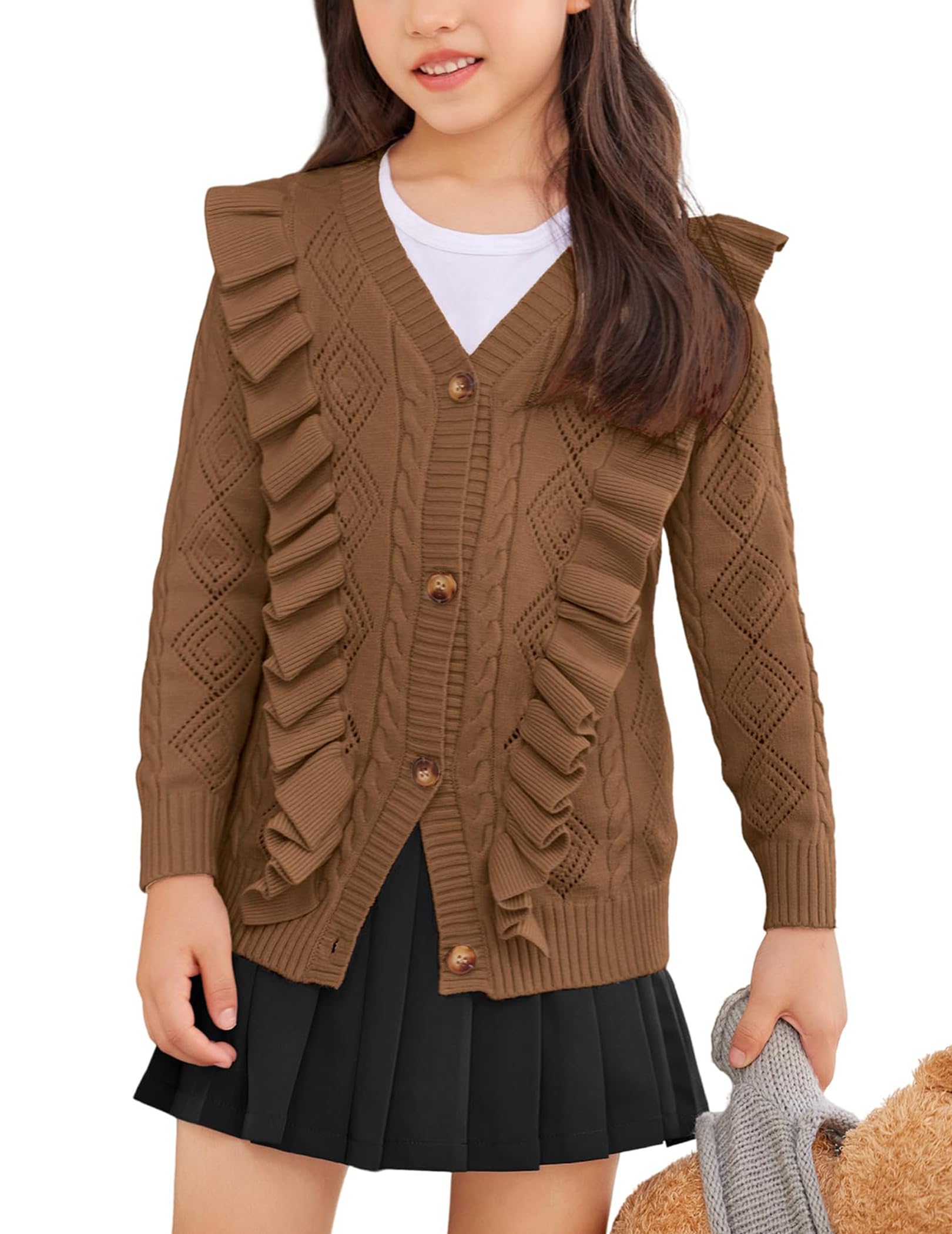 Arshiner Girls Cardigan Sweaters Ruffle School Uniform Sweater V Neck Button Front Outerwear 4-13 Years