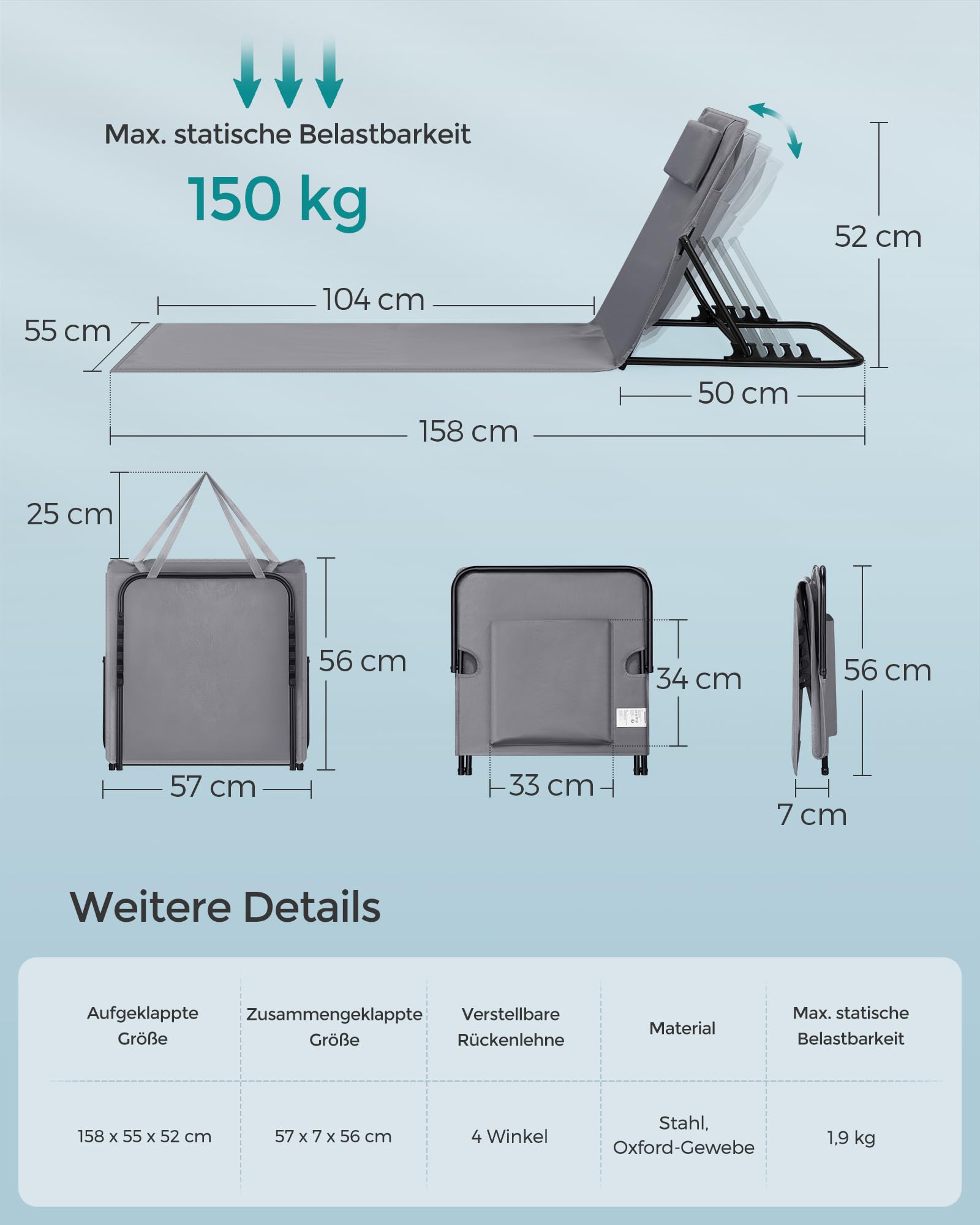SONGMICS Strandstuhl, 2er Set, Campingstuhl, Sonnenliege, Strandliege, klappbar, verstellbare Rückenlehne, leicht tragbar mit Griff, für Camping, Garten, Pool, 158 x 55 cm, schiefergrau GCB251G01