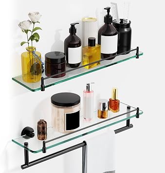Bathroom Shelf Glass Shelf 2 Pack,20-Inch Floating Glass Shelves Towel Bar/TrackMatte Black