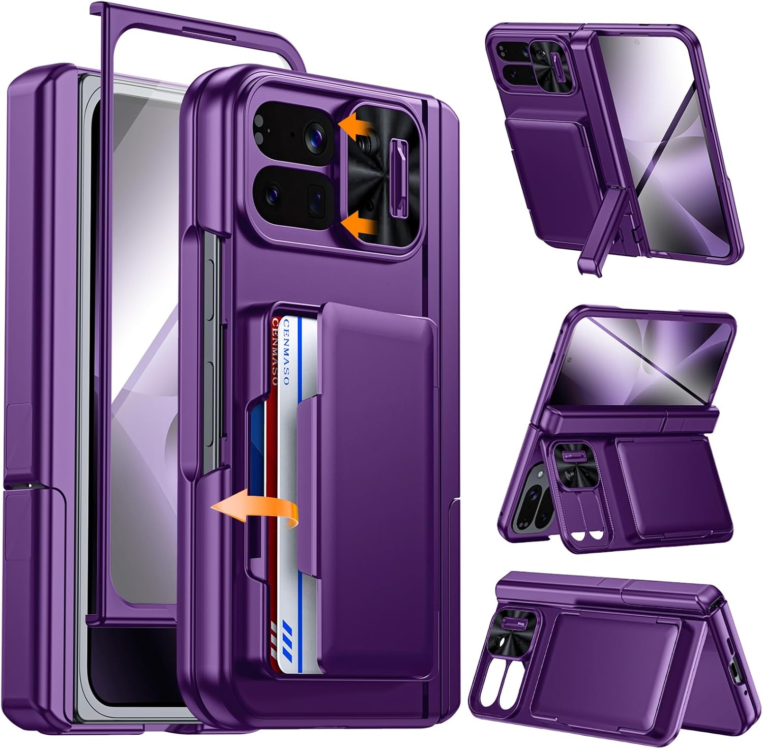 CENMASO for Google Pixel 10 Pro Fold Case with Card Holder [RFID Blocking] Camera Cover, Hinge Protection, Dual Hidden Kickstand, Screen Protector, Shockproof Phone Case for Pixel 10 Pro Fold (Purple)
