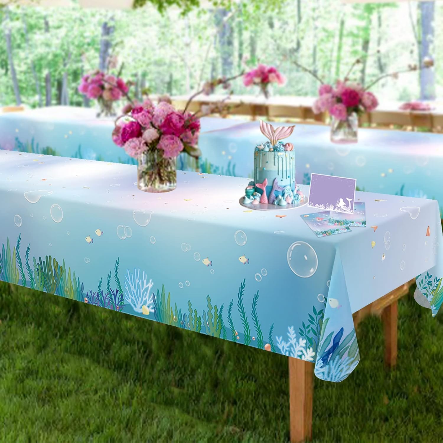 Decor 365 Bundle Under The Sea Party Decorations Pool OceanTheme Tinsel Foil Fringe Curtain Backdrop & 9x5ft Fabric Under The Sea Tablecloth