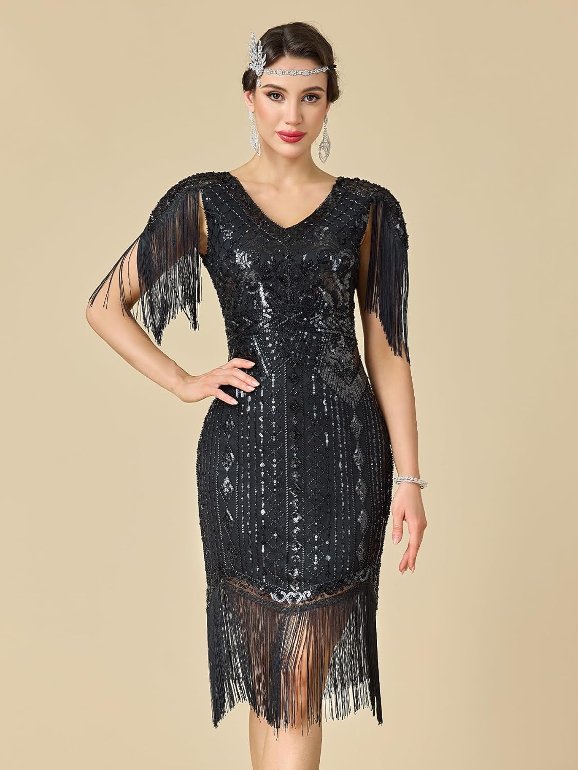 Women's Flapper Dresses 1920s V Neck Beaded Fringed Great Gatsby Dress - Image 2