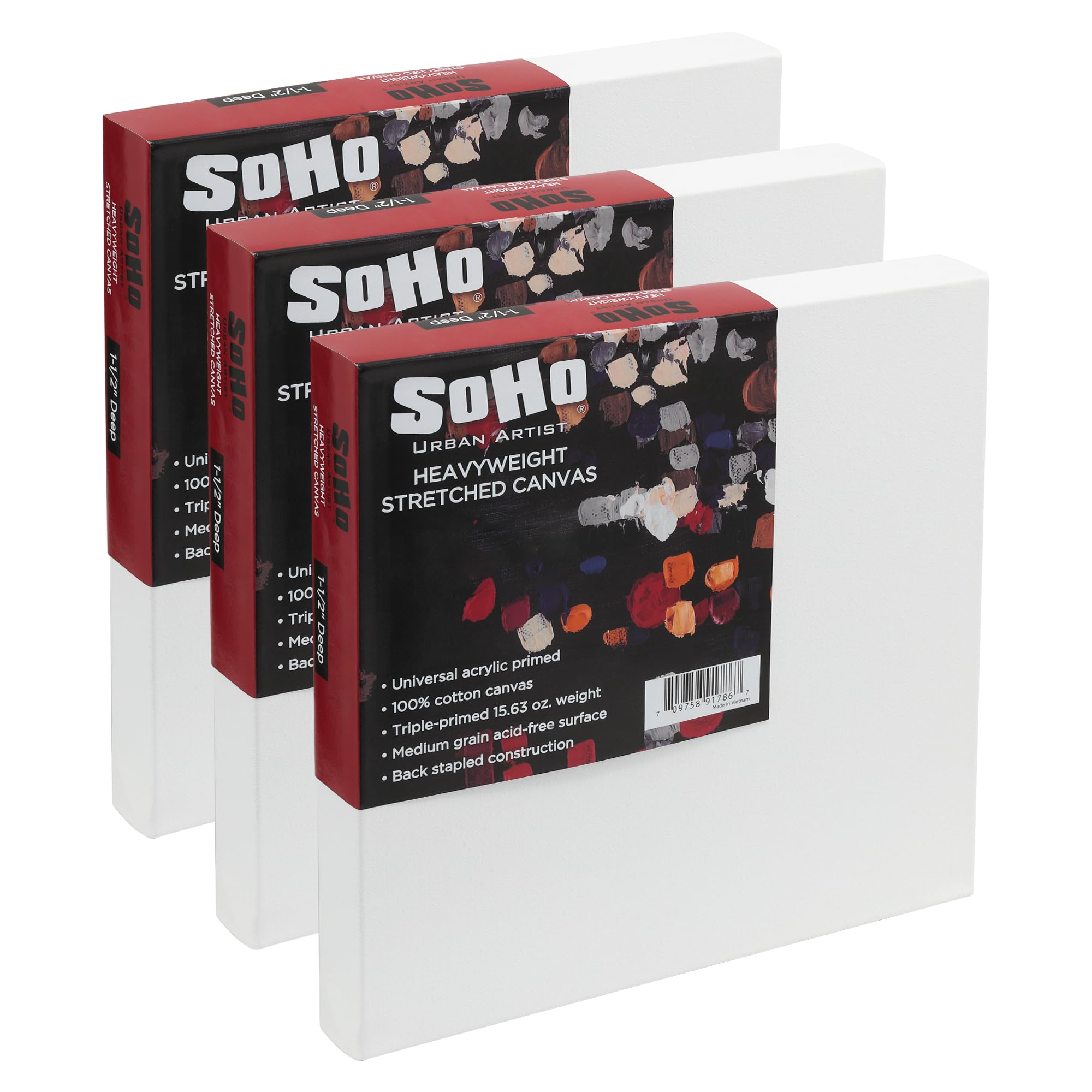 SoHo Urban Artist Caja de 3 lienzos de algodón estirados pesados de 8 x 10 pulgadas de profundidad de 1.5 pulgadas de profundidad, lienzo de triple imprimación, ideal para pintura acrílica y óleo,