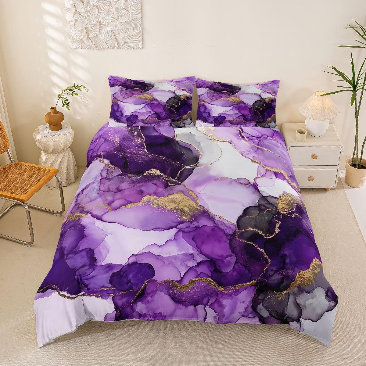Erosebridal Luxury Purple Marble Full Size Duvet Cover, Aesthetic Coquette Abstract Art Bedding Set for Kids Girls Boys, Gradient Ombre Ink Texture Room Bedroom Decor, Modern Soft Bed Sets