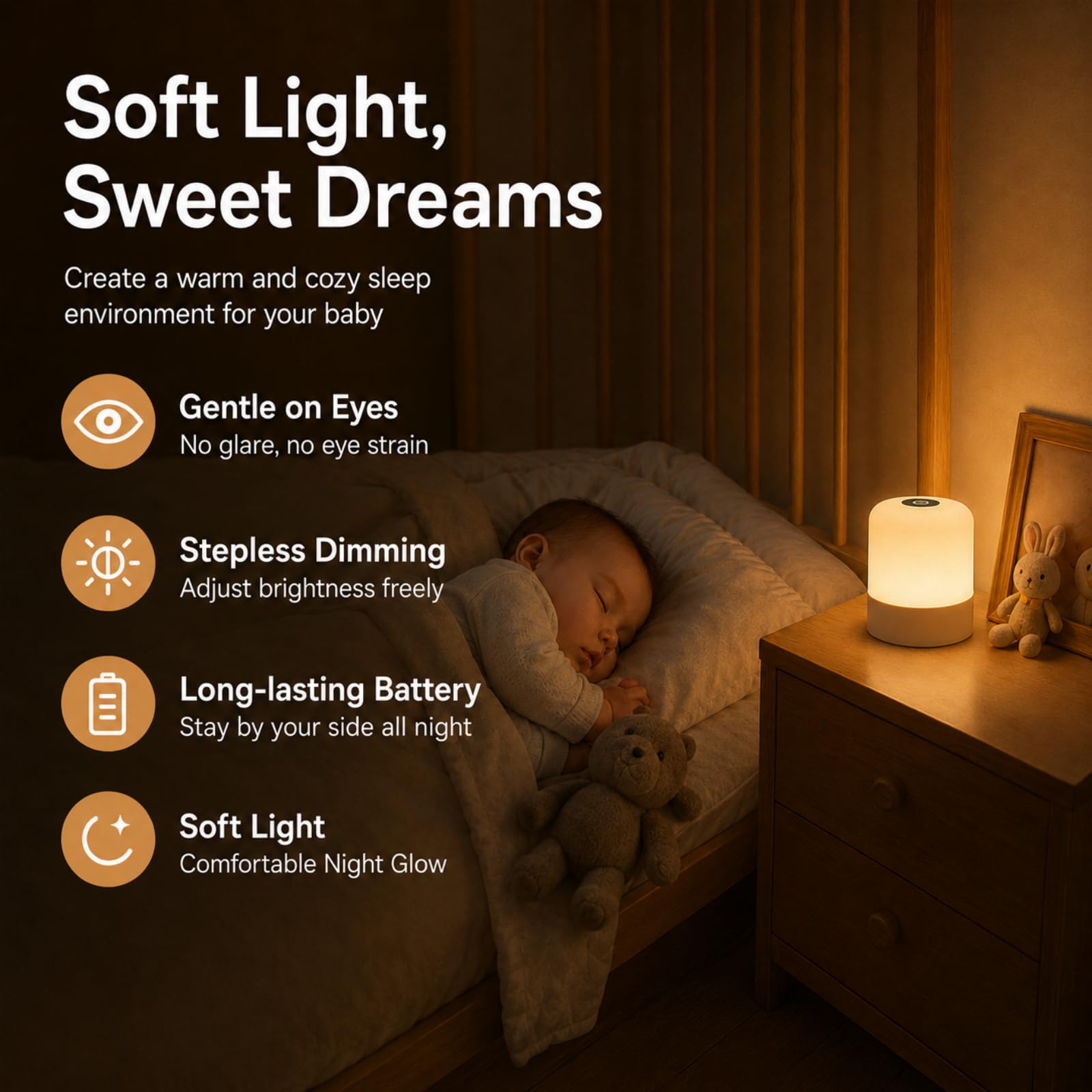 Luz nocturna para bebé, lámpara portátil de 3 colores, luz nocturna táctil regulable recargable de 2400 mAh para niños, niños pequeños, lactancia materna, viajes