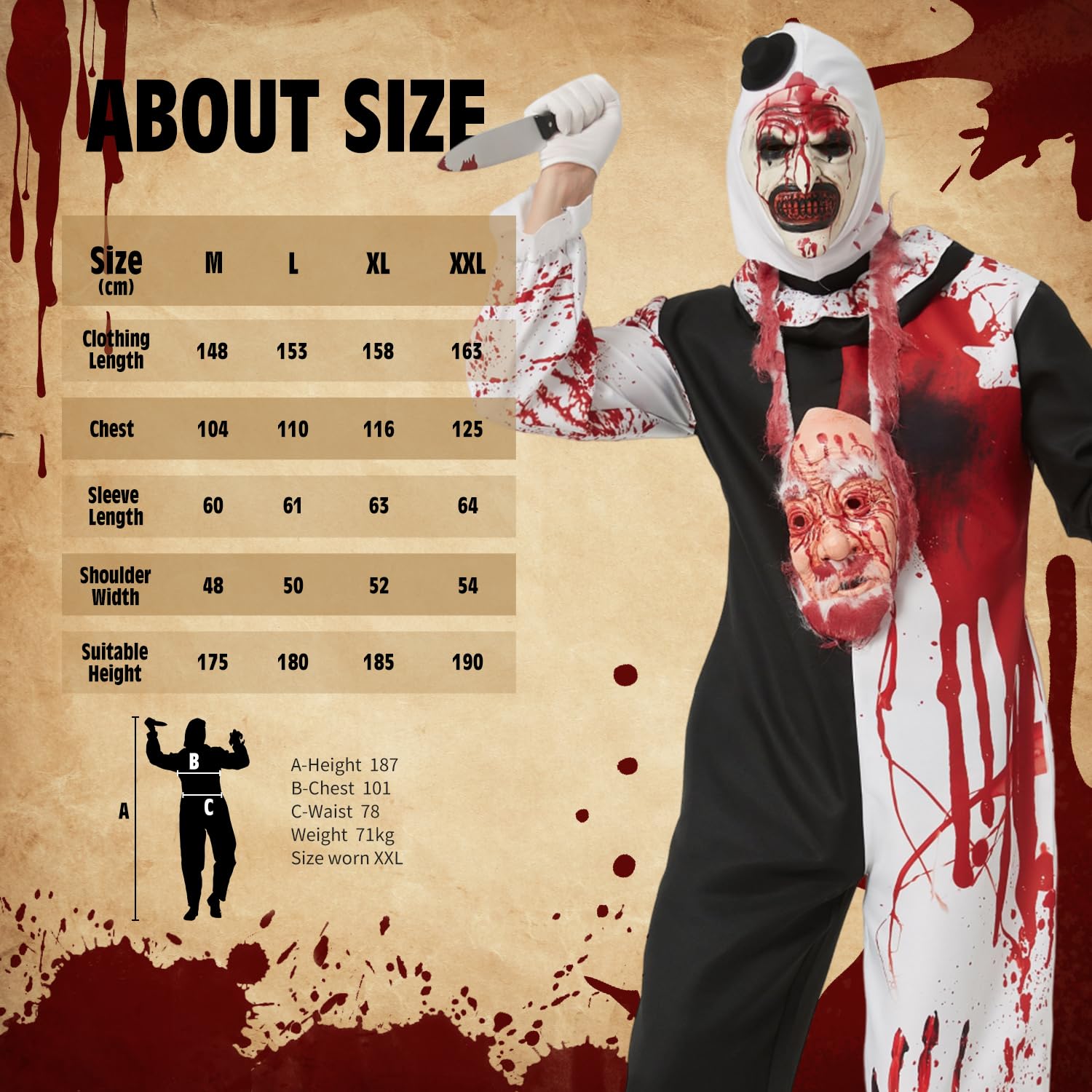 7 Stück Terrifier Kostüm, Art the Clown Costume, Outfits der Killer Clown Overall mit Maske und Weihnachtsmann Gesicht, Movie Terrifier 3 Kostüm für Erwachsene Halloween Karneval Cosplay