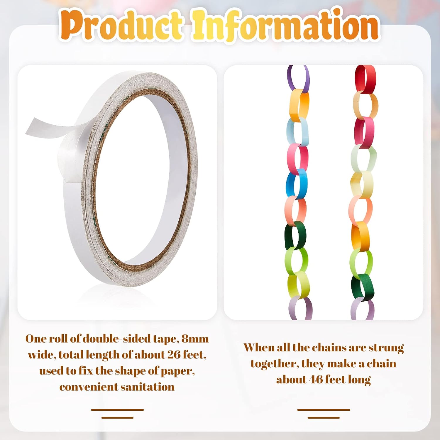 Nezyo 240 Sheets Paper Chain Strips Construction Bright Paper Strips About 46 Feet in Total Length 1 x 8 Inch with 1 Roll Double Sided Tape for Crafting DIY Home Party Decoration(Bright Colors)