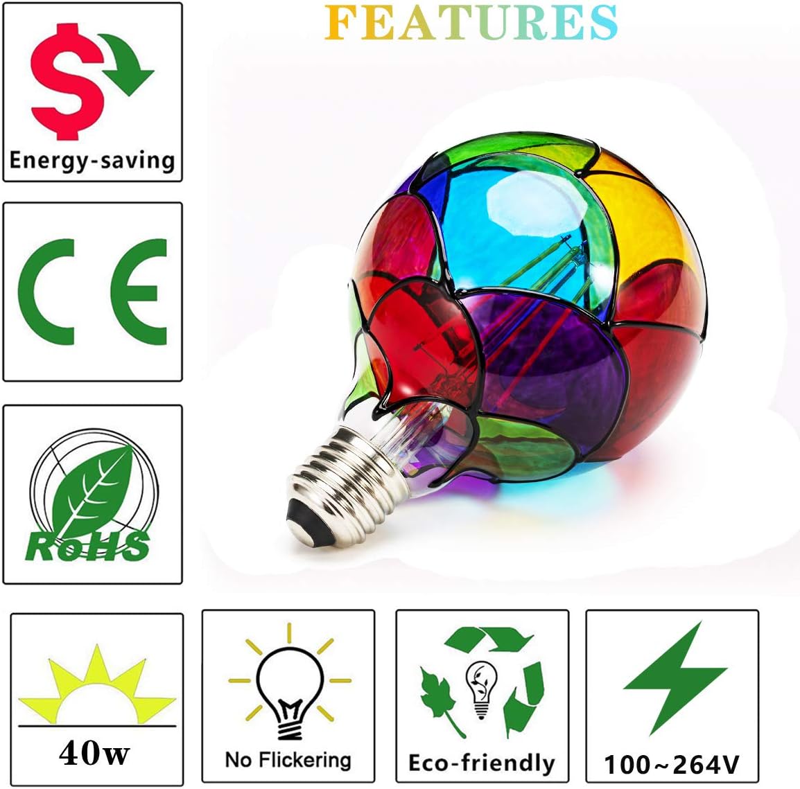 I-SHUNFA Stained Glass Edison LED Light Bulb, E26 Standard Base 6 Watts Heatless (G80) Globe Shape LED Light Bulbs for Home Party, Recreation Room,Balcony,Garden,Christmas Decoration