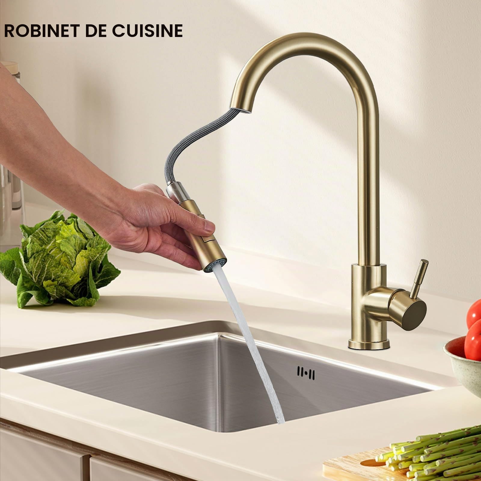 Robinet de Cuisine avec Douchette Extractible, Mitigeur 360° en Acier Inoxydable, Or Brossé, TVTIUO 2 Modes
