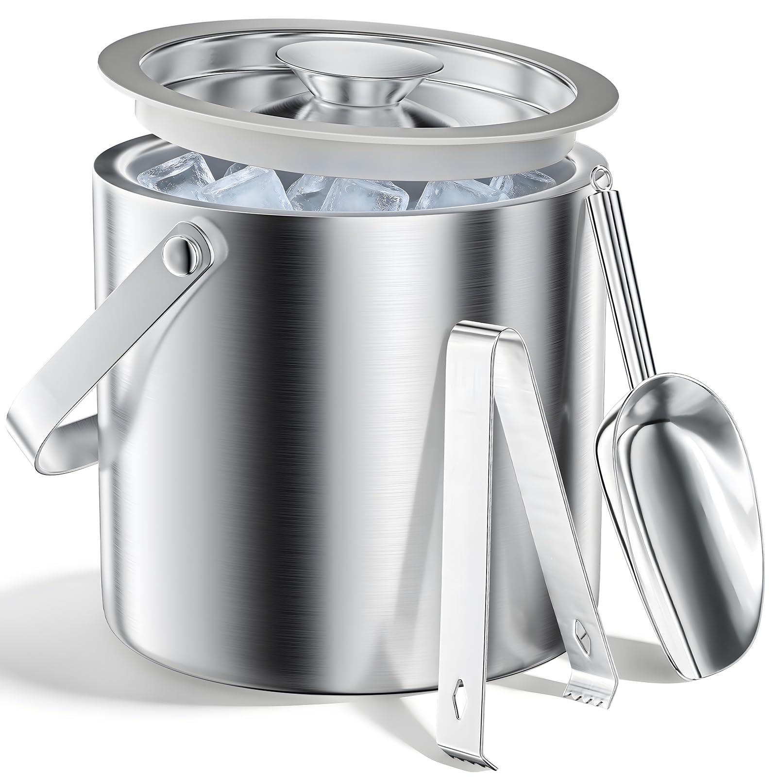 Secchiello per Ghiaccio 3L in Acciaio Inox a Doppia Parete, Set con Coperchio, Paletta e Pinze, Isolamento Termico, Ideale per Bar, Feste e Famiglie