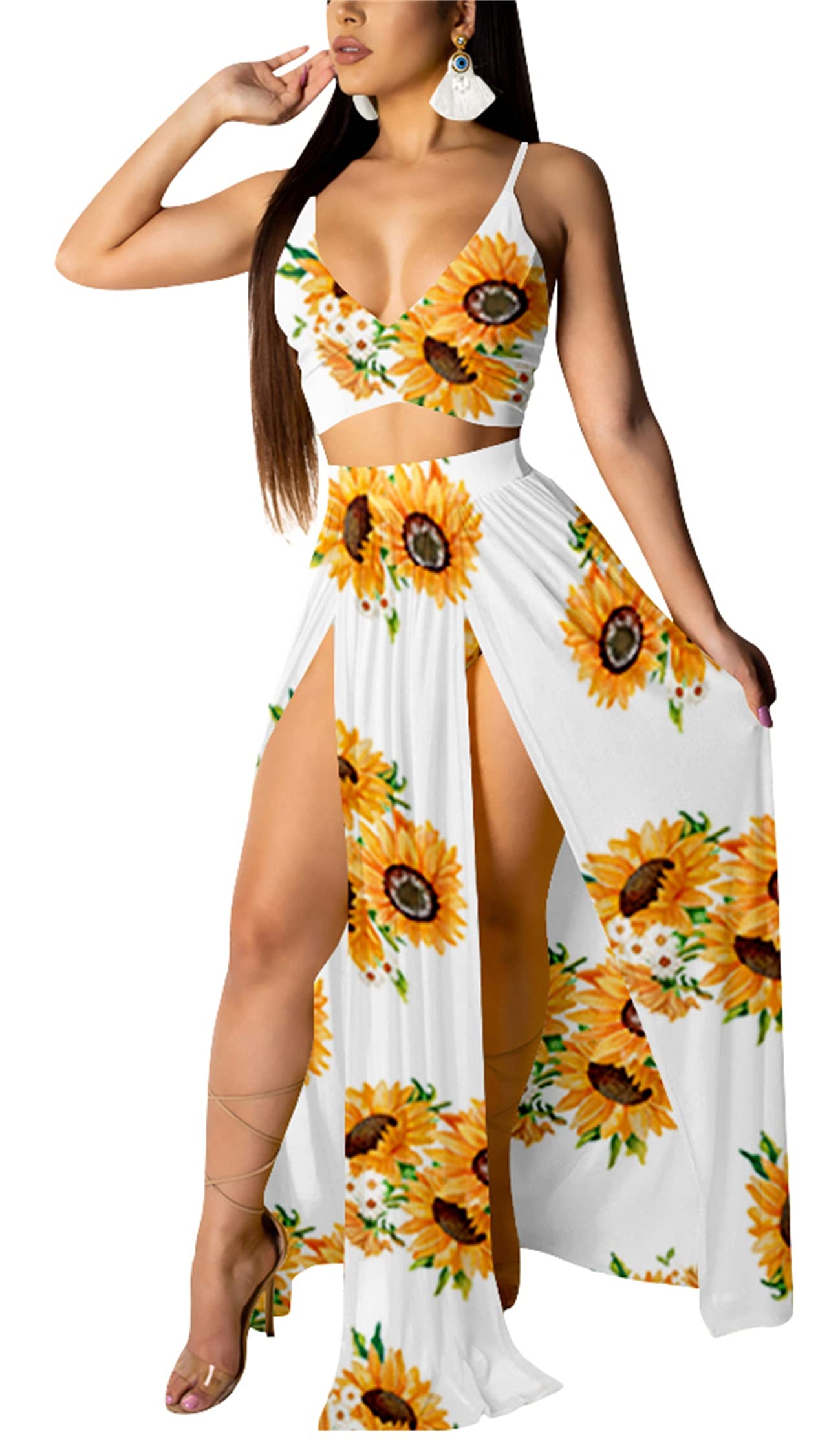 Women Sexy 2 Piece Outfits Dress Chiffon Strap Deep V Neck Bra Crop Top High Split Maxi Dresses Skirt Set