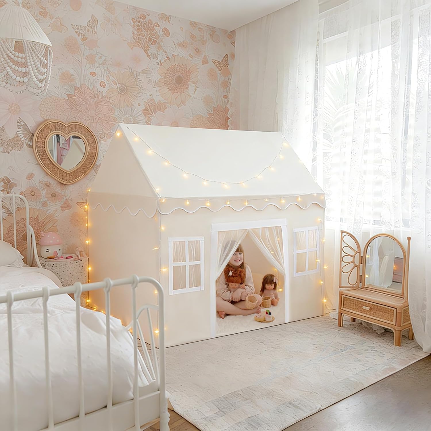 Tiny Land Play Tent with Padded Mat & LED Lights, Kids Tent, Playhouse for Kids, Indoor Bed Tent for Toddler, Toys for 3,4,5,6-Year-Old Girls, Neutral Color Play Room Furniture