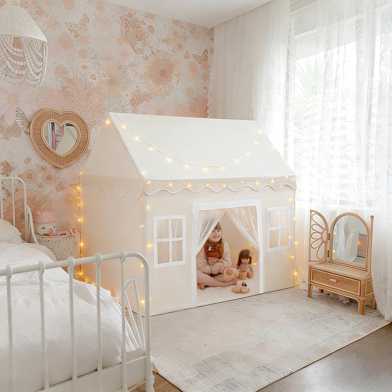 Tiny Land Tenda da Gioco per Bambini con Tappetino Morbido e Luci, Tenda per Bambini da Interno Lavabile, Rifugio Angolo Lettura per Cameretta, Regalo per Bambino e Bambina 3-13 Anni - 133x90x136cm