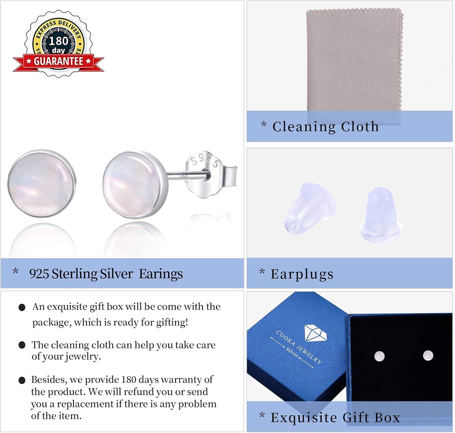 925 Sterling Silver Mother of Pearl Round Shape 5MM Tiny Studs Earrings, Hypoallergenic for Sensitive Ears, Pearl Jewelry Mother Day Gift for Women Girlfriend with Gift Box - Image 6