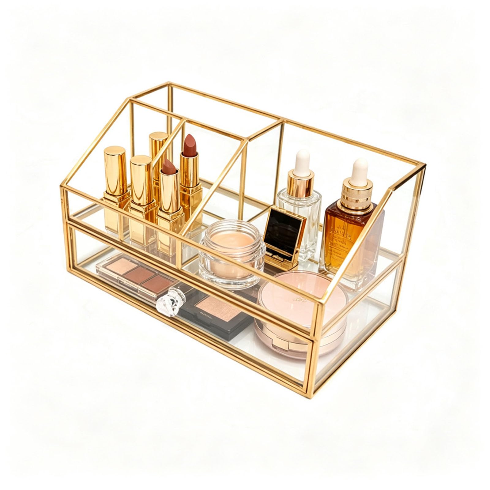 Cosmetics Storage Display Case,Lipstick Organizer,Clear Glass & Brass Metal Cosmetic Organizer,Glass Makeup Organizer for Countertop Bathroom Dresser