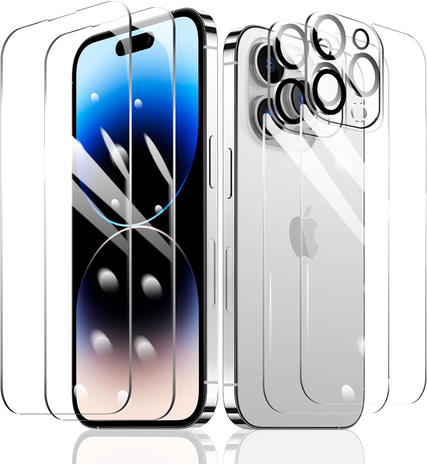 Pack of 2 Screen Protectors for iPhone 14 Pro 6.1 Inch + 2 Pieces Camera Protection + 2 Pieces Back Protective Film, Tempered Glass Protection, 9H Hardness, HD Clear Screen Protector,