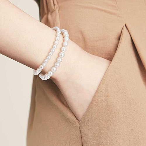Miniatura 4 de 6 pcs Pearl Bracelet Set, Dainty Pearl Bracelets for Women Stackable, Stretch Beaded Bracelets Elastic, Trendy Jewelry Gift for Women Girls Wedding
