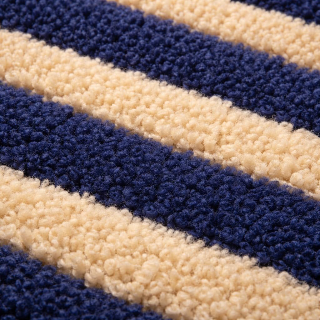 Handmade Wool Area Rug with Striped Pattern and Scalloped Edge, Handwoven Soft Wool Carpet for Living Room, Bedroom & Home Décor (Blue & Beige, 1x1ft (Sample Rug))