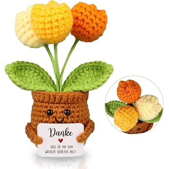 WenmthG Small Thank You Gift Lucky Charm Crochet Flower Tulips for Women Friends Colleagues Farewell Retirement Christmas Dad Mum Grandma Grandpa Pocket Hug Flower Positive Potato German Replacement