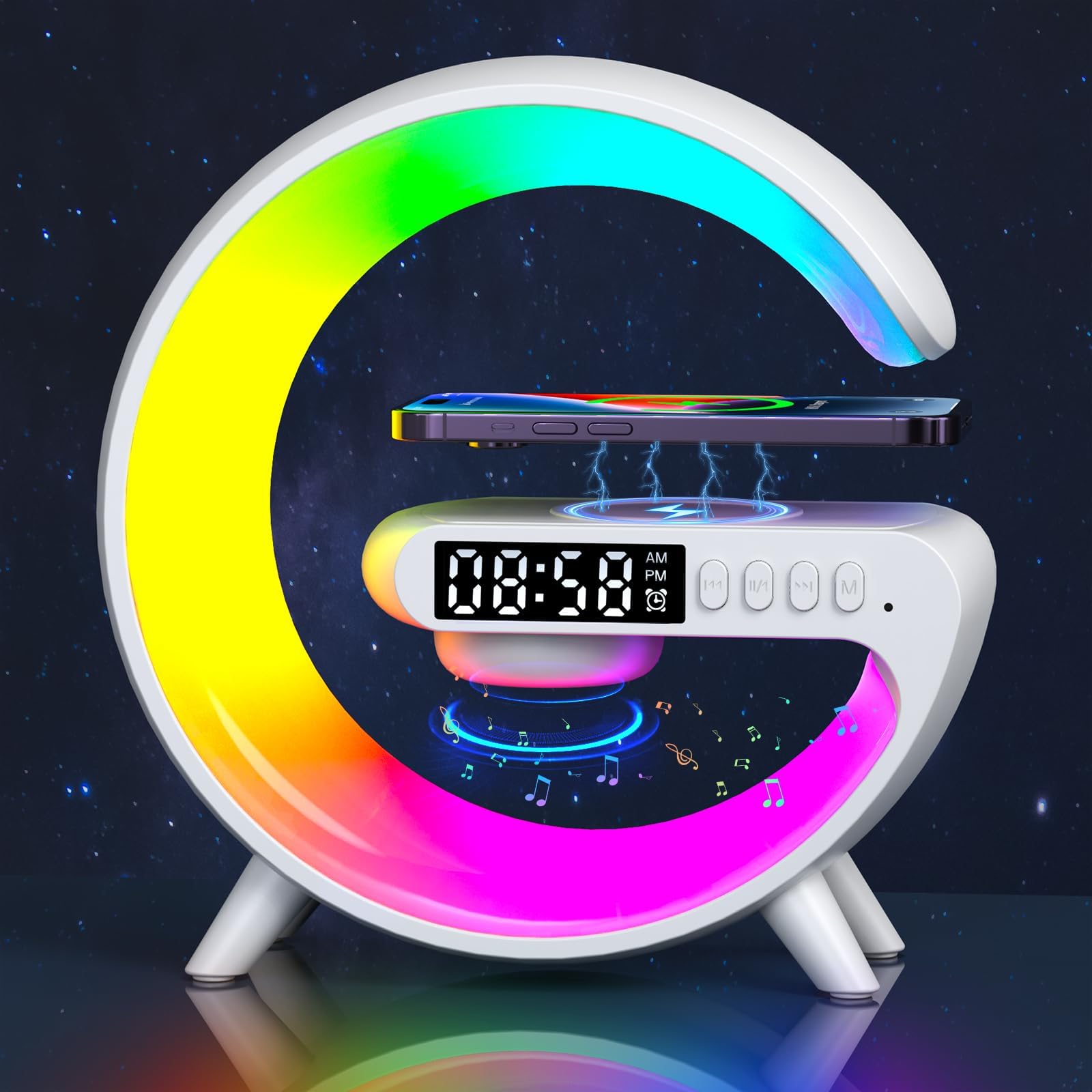 Dechoga Night Light Lamp with Wireless Charger, Bluetooth Speaker with Alarm Clock, G-Shaped Wireless Charger Atmosphere Lamp Via USB-C Connection, Dimmable LED Table Lamp Alarm Clock (White)