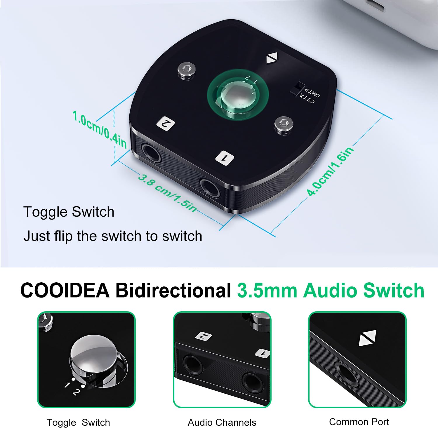 COOIDEA 3.5mm Audio- Switch & Splitter – 1(2) Eingang 2(1) Ausgang AUX- Audio-Umschalter, unterstützt TS, TRS, TRRS, rauschfrei, kompatibel mit PC, Laptop, Smartphone und Kopfhörer