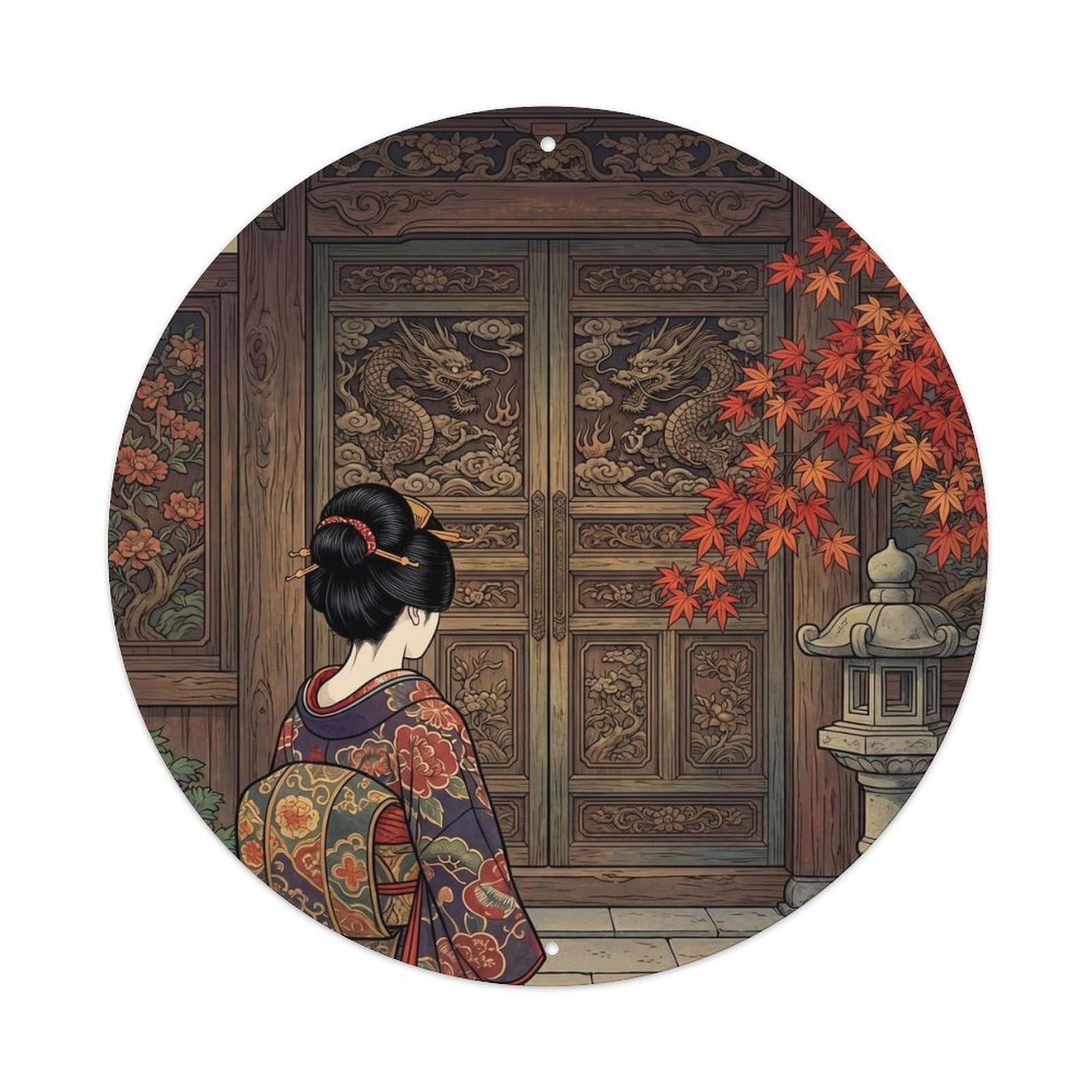 Fqnyr Style Metal Tin Sign Japanese Geisha By Ancient Wooden Door Heritage