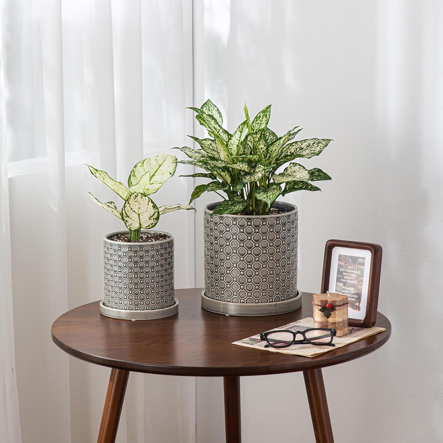 8 Inch Plant Pot: Ceramic Planter with Drainage Hole & Saucer Indoor Outdoor Plants - Cylinder Round Flower Pot for Home Office - Modern Decorative - Medium Grey - Image 5