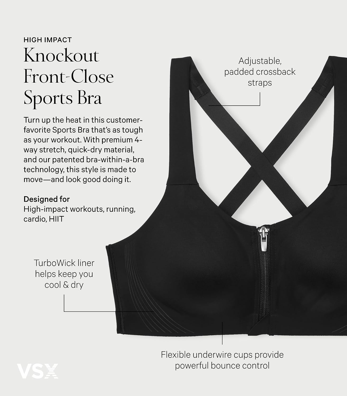Victoria's Secret Women's VSX Knockout Front Close Sports Bra, High Impact Sports Bra for Women (32B-38DDD)