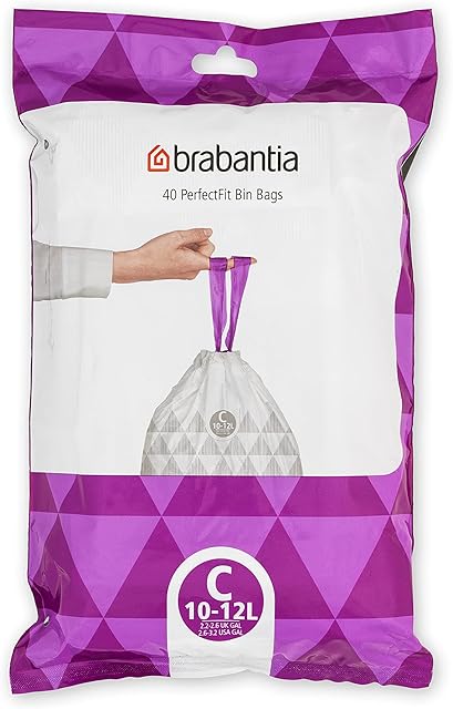 Brabantia PerfectFit Bin Liners (Size C/10-12 Litre) Thick Plastic Trash Bags with Tie Tape Drawstring Handles (40 Bags)