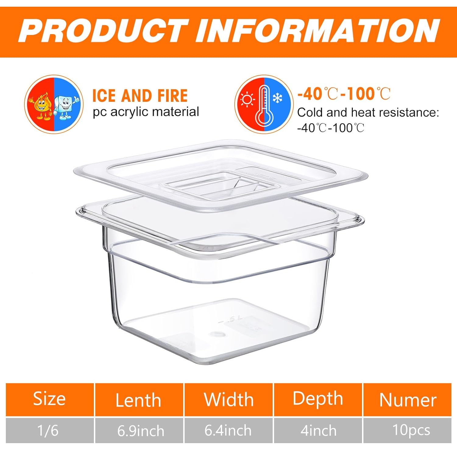 Sieral 10 Pcs 1/6 Size Food Containers with Lids - Clear Stackable Meal Prep Bins for Fridge Organization,Kitchen Storage,Bento,Baby Food,Microwave Safe (4 Inch,1.5 Quart)