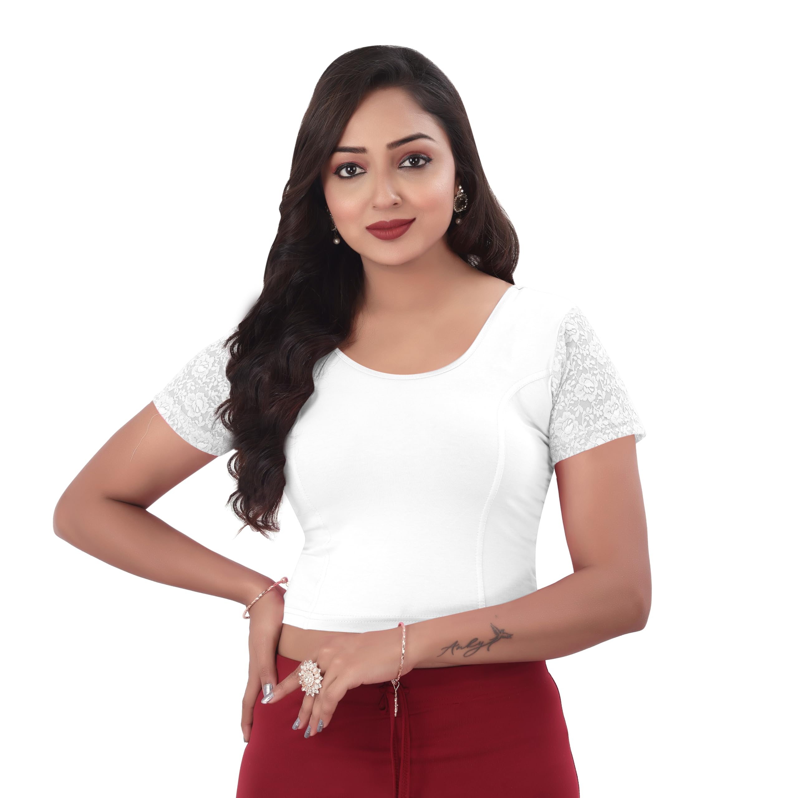Round Neck Ready to Wear Cotton Lycra Regular Fit Saree Blouse for Women | Stretchable and Stylish Readymade Blouse Perfect for Saree, Lehenga, Skirts | Half Sleeve with Net Design-image-48