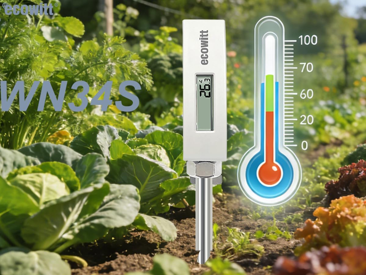 ECOWITT WN34BS Soil Temperature Sensor, Waterproof Soil Tester Digital with LCD Display, 11.8 inch Temperature Probe Sensor for Garden, Farm, Lawn, Indoor and Outdoor Use