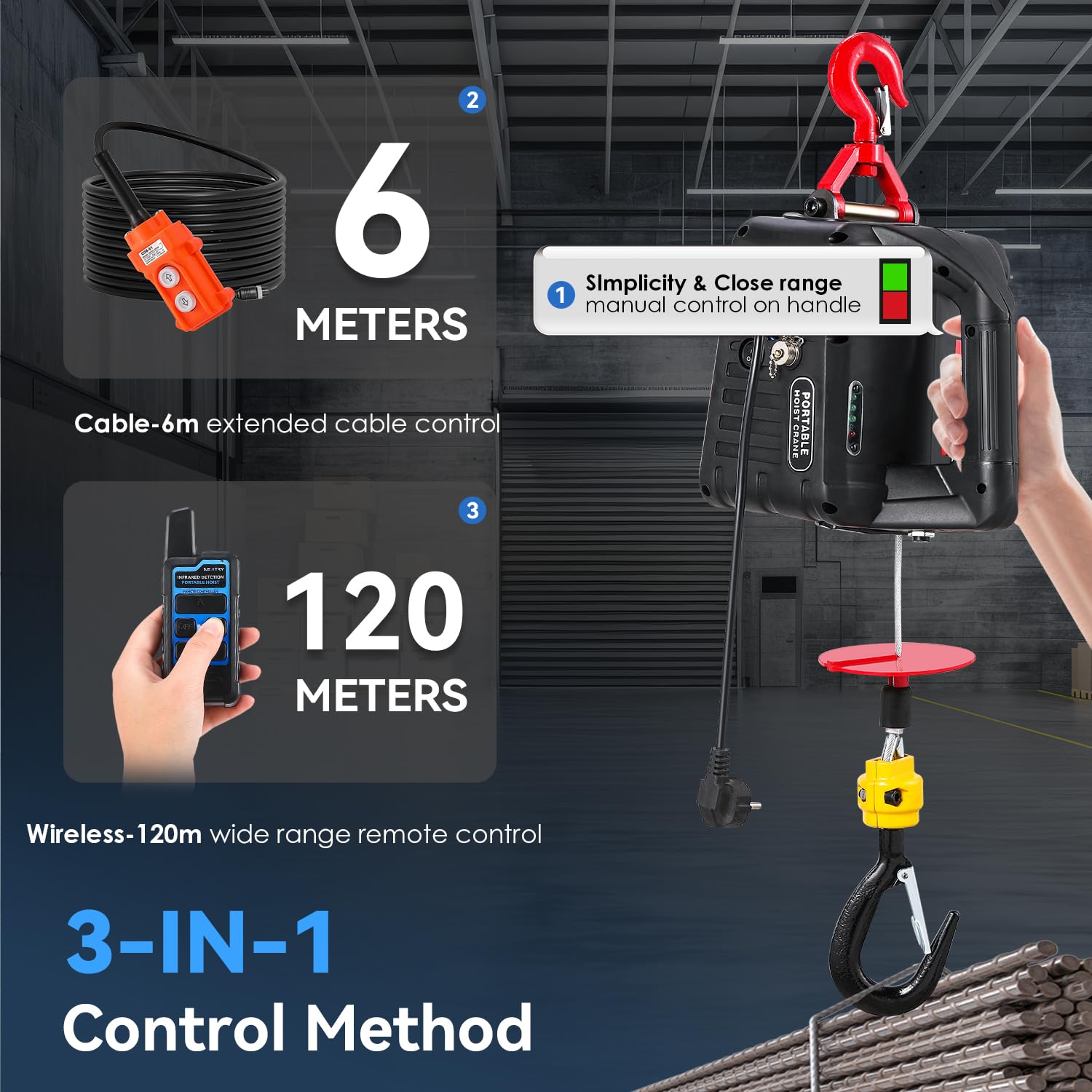 NEWTRY 3 in 1 Elektrische Seilwinde 1500W 500KG tragbare Elektrohebezeug mit Infrarot-Endschalter vertikales horizontales Heben 120M Fernbedienung CE