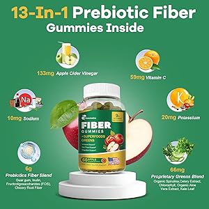 13-in-1 Prebiotic Fiber Gummies for Adults - Fiber Supplement for Women and Men with Greens Blend, Inulin & ACV for Digestive, Gut Health - Sugar Free, Apple Flavor, 60 Vegan Gummies