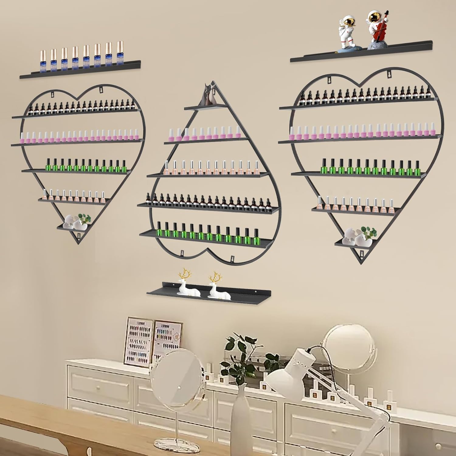 3 Pcs Metal Wall-Mounted Nail Polish Storage Racks 5 Tiers Heart-Shaped Display Rack Nail Polish Wall Rack Nail Polish Wall Organizer for Spa Nail Salon Shop (Black)