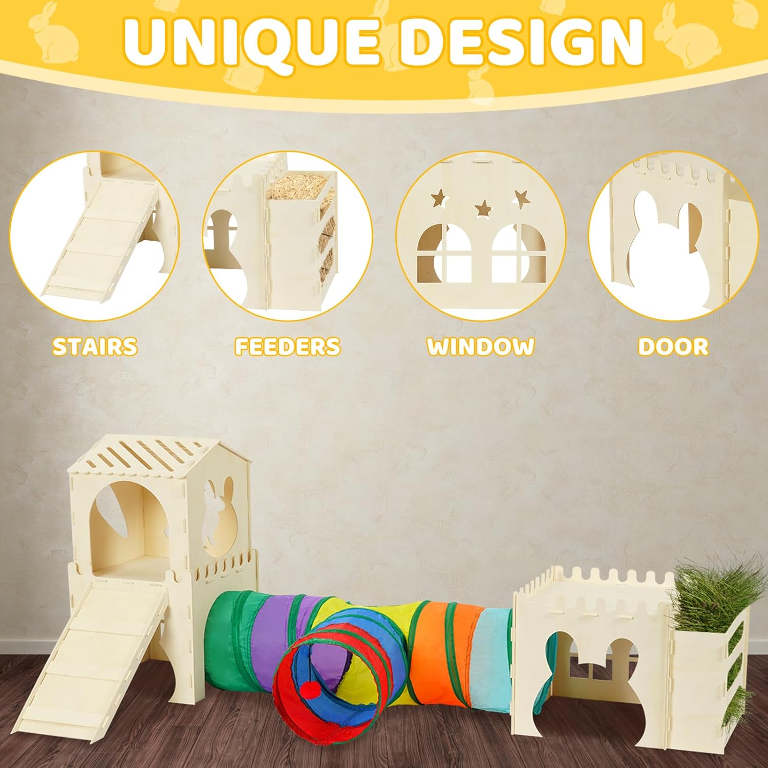 Extra Large Rabbit Hideout, Wooden Bunny Castle with Tunnel and Stair, Rabbit House Tower with Hay Feeder Sturdy Habitat for Guinea Pig Chinchilla Ferret Hamster