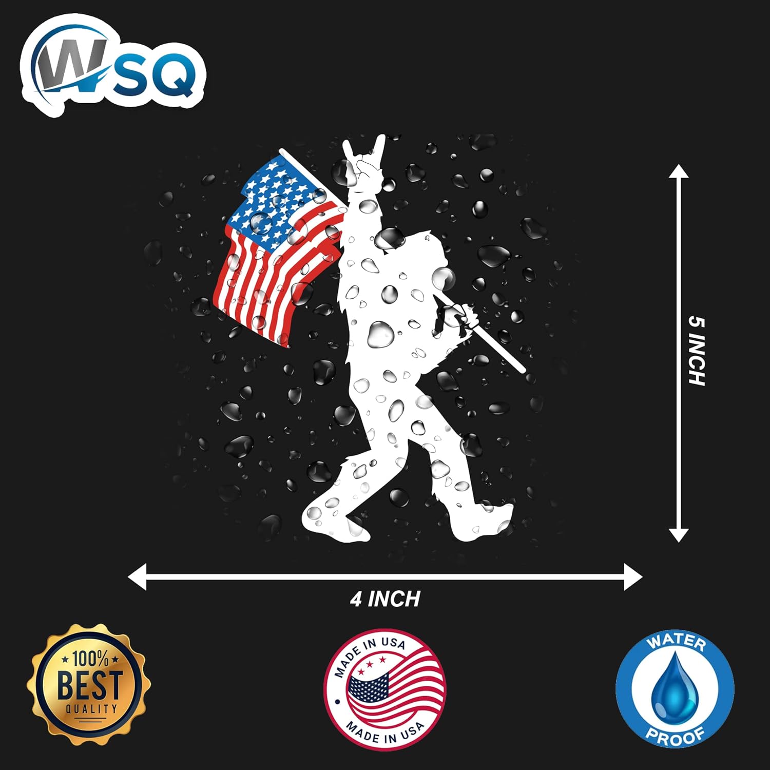 WSQ Sasquatch Bigfoot Rock On American Flag Vinyl Decal Sticker Premium Quality Vinyl Size 5-inch for Car Bumper Truck Van SUV Window Wall Boat Cup Tumblers Laptop or Any Smooth Surface - Image 3