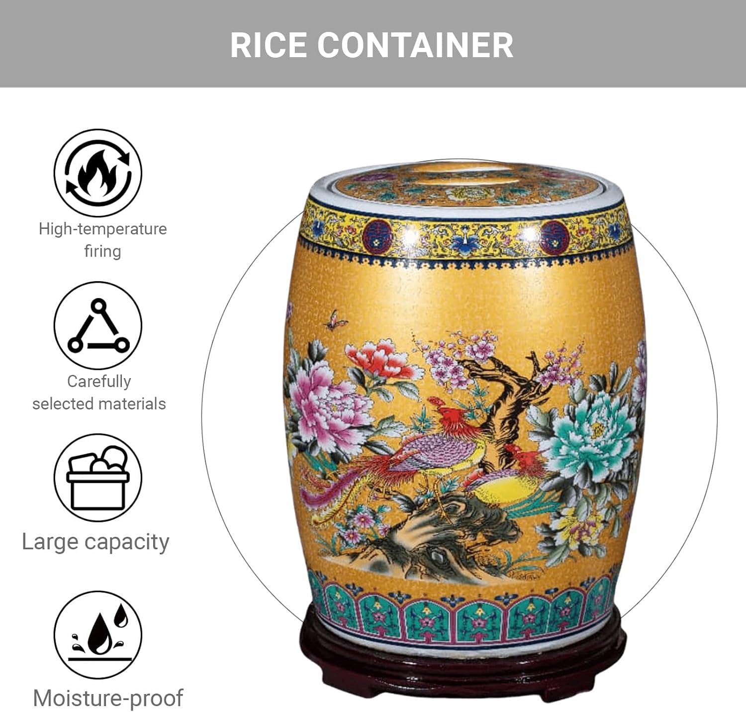 ELEFOCUS Ceramic Rice Container,Home Rice Storage Box,Large capacity, with handle, beautiful pattern, not easy to tip over(25KG)