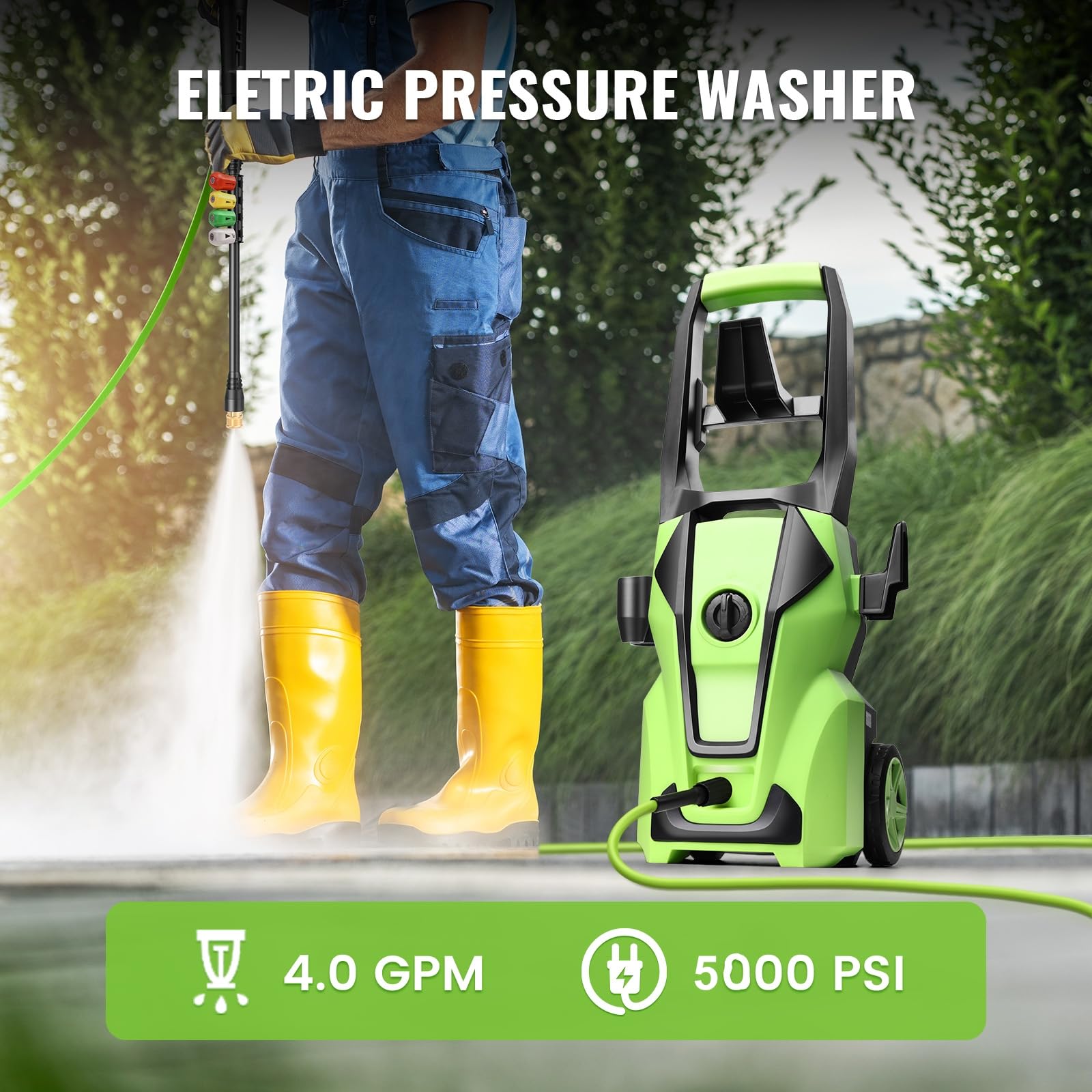 Lavadora eléctrica de alta presión 5000PSI Max 4.0GPM con manguera de extensión flexible 33FT, 4 boquillas, pistola de espuma, Power Washer alimentada para automóviles, terrazas, calzadas, verde