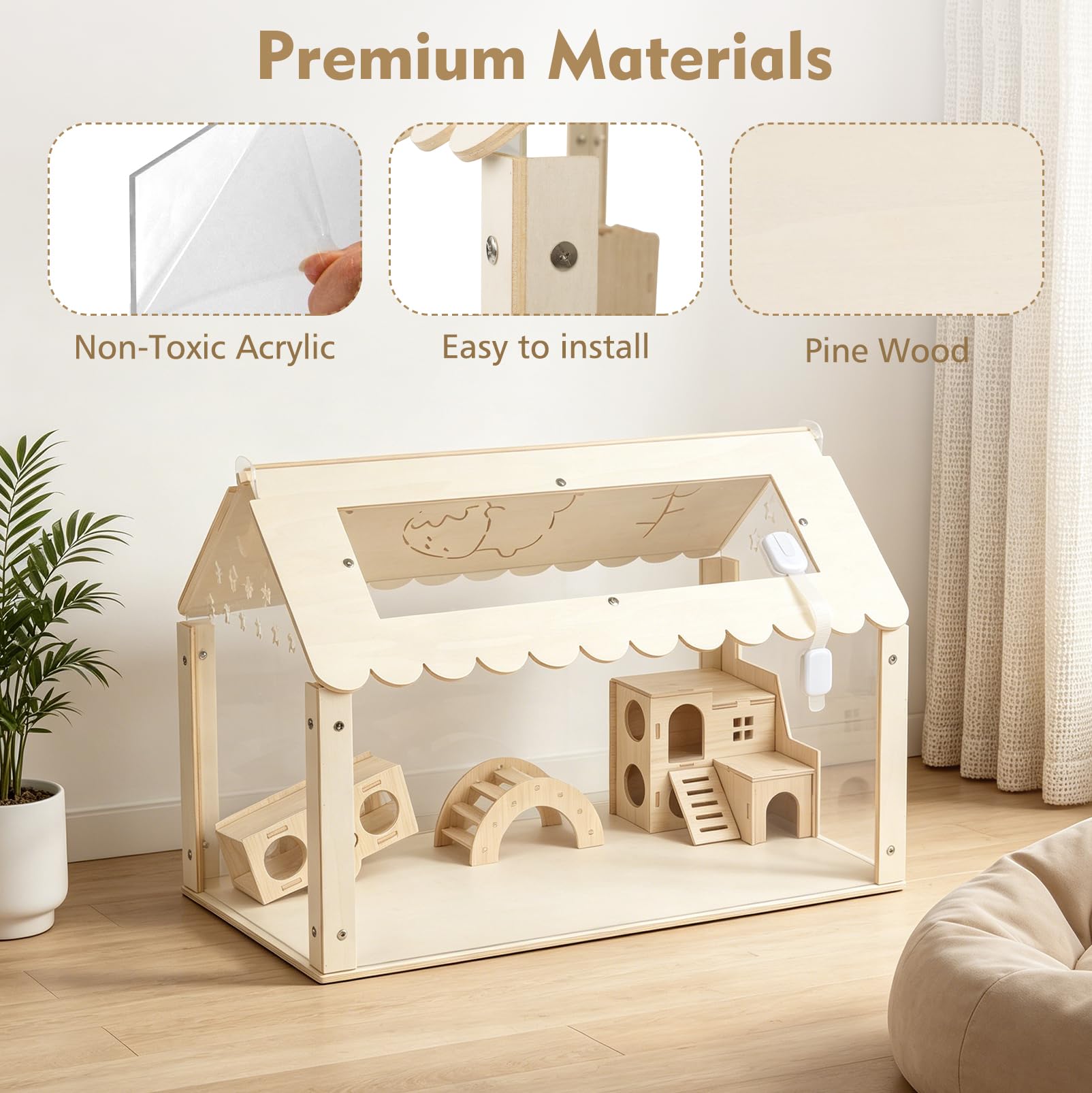 Gabbia per criceti, trasparente, per criceti, piccoli animali, 60 x 40 x 40 cm, gabbia in legno con nascondiglio in stile ville, grande impilabile per criceti siriani, roditori, topi