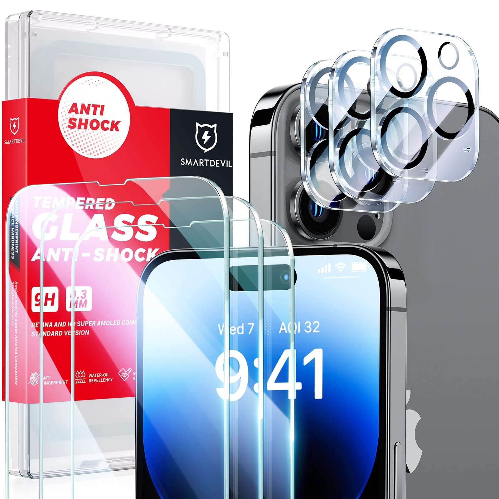SmartDevil 3 Pack Screen Protector for iPhone 14 Pro Max with 3-Pack Camera Lens Protector, 9H Clear Tempered Glass Film [Military Grade Shatterproof], Alignment Frame [Easy Installation]