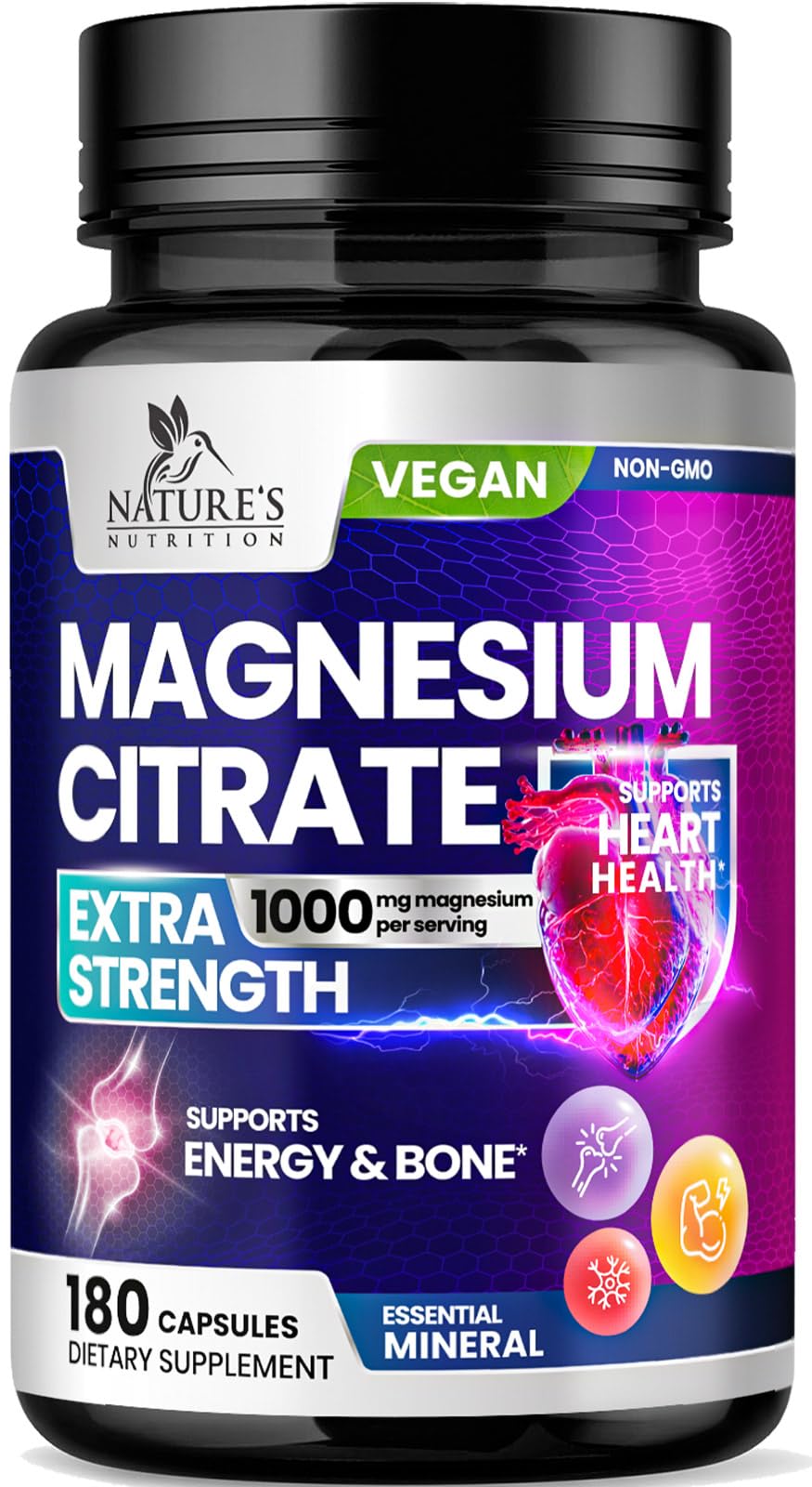 Magnesium Citrate 1000mg Per Serving - 3X Strength Magnesium Supplement for Bone, Muscle, Heart, Natural Sleep Support for Men & Women, Vegan Mag Mineral Pills, Non-GMO, Bottled in USA - 180 Capsules 180 Count (Pack of 1)