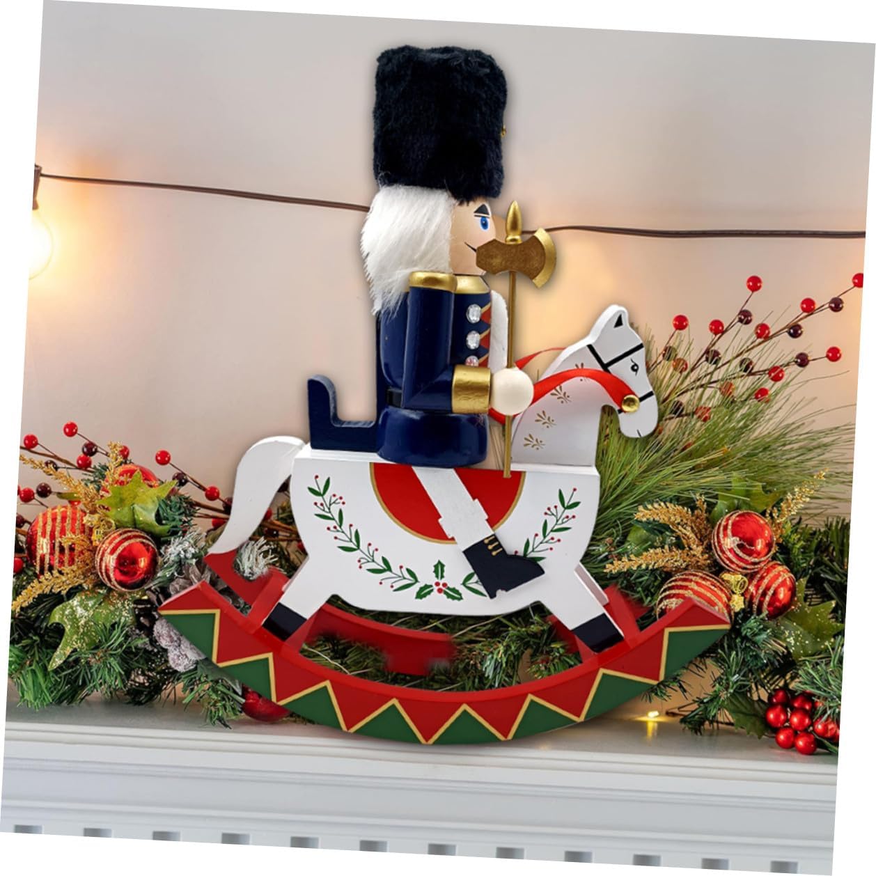 Christmas Nutcracker Figurine Tabletop Ornament Large Wooden Rocking Steed Warrior Xmas Holiday Decor Blue
