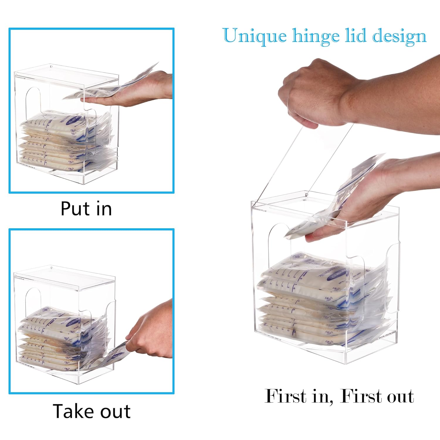 Freezer Organizer for Breastmilk Storage Bags, Freezer Storage Organizer and Tower for Breast Milk Storage Bags, Acrylic First-in First-Out Container with Tray to Freezing Breastmilk, Clear