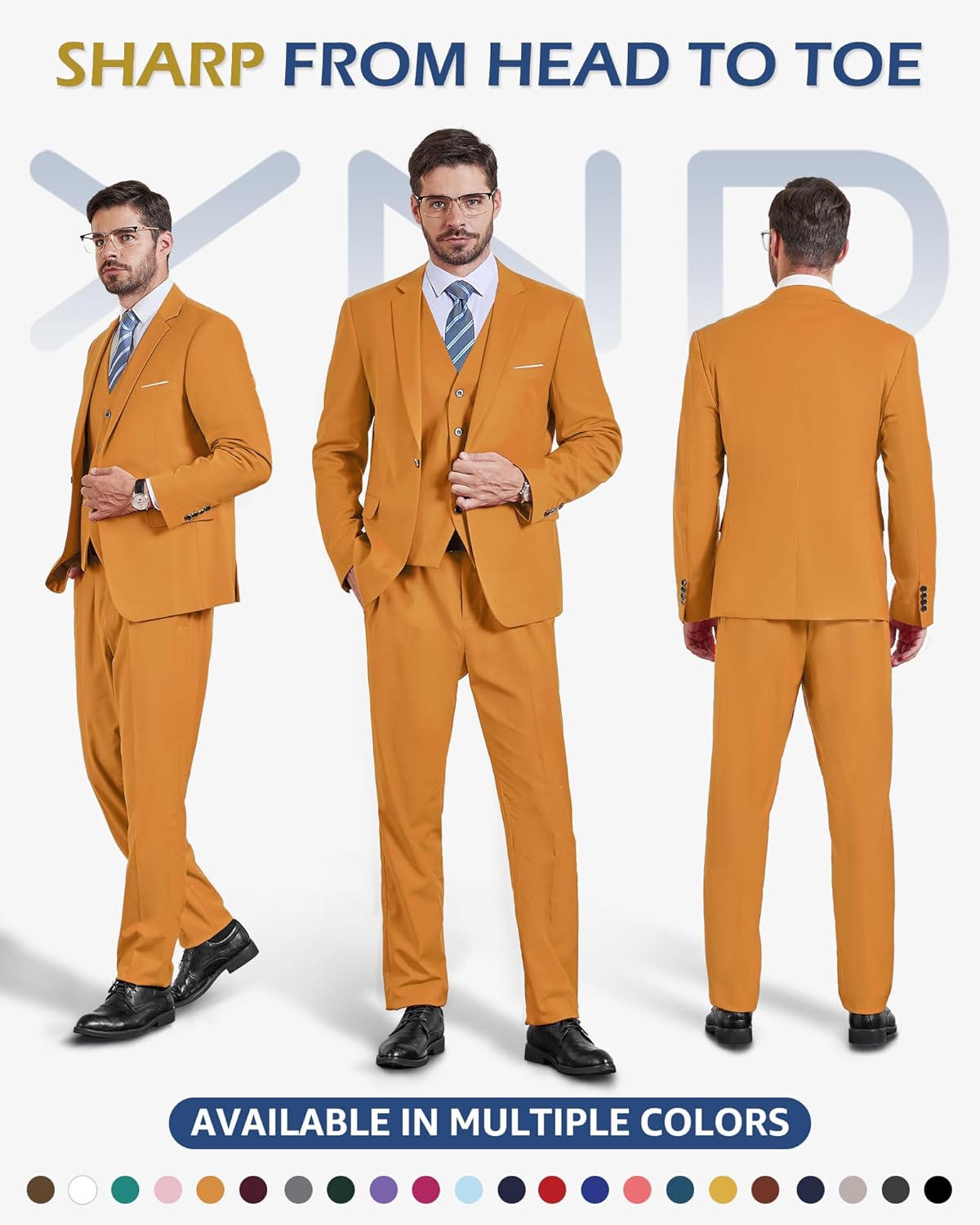 YND Men's Slim Fit 3 Pieces Suit, One Button Solid Jacket Pants Set with Tie for Wedding Party Business Prom - Image 2