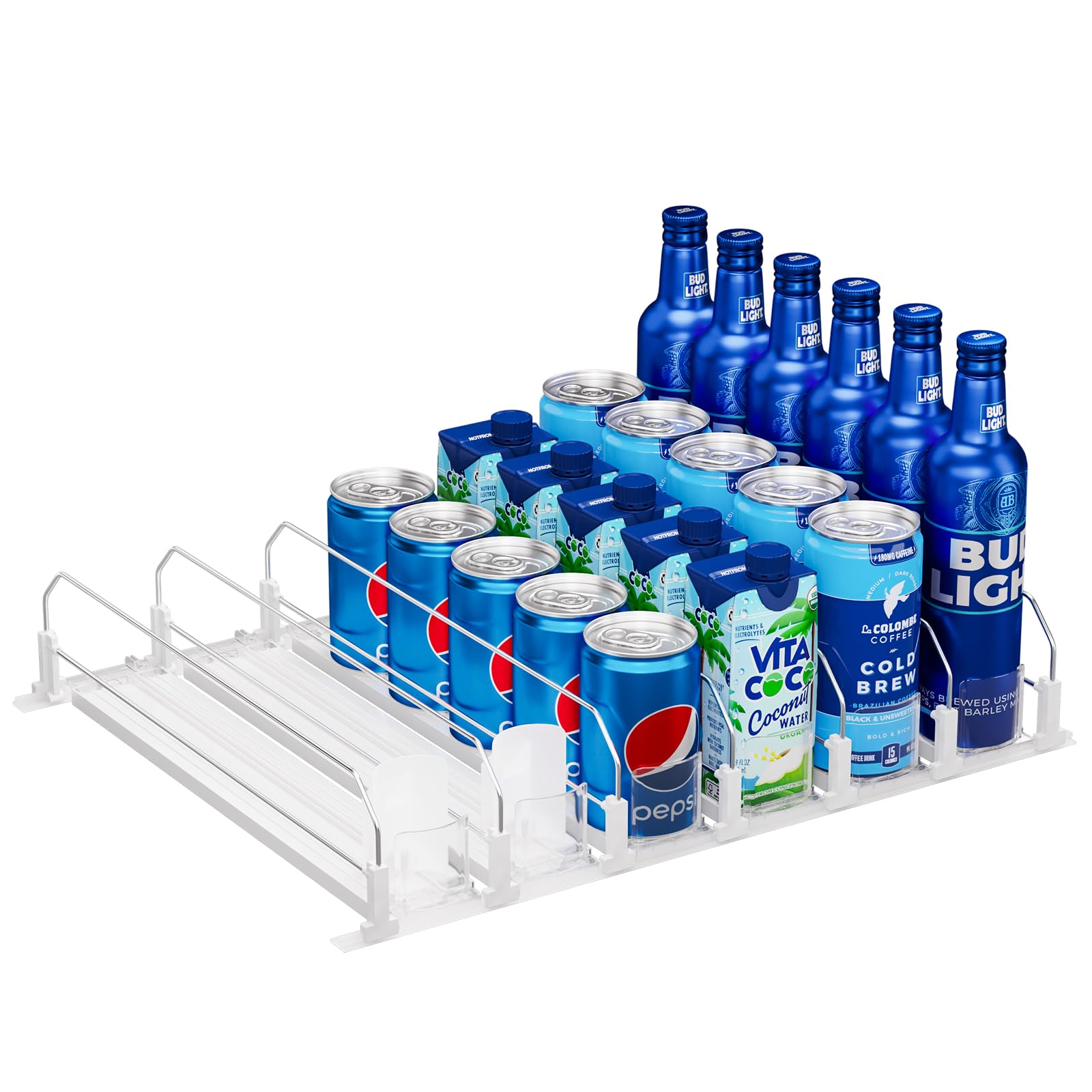 Puricon Drink Organizer for Fridge Pusher Glide, Spring Loaded Fridge Drink Dispenser, Self Pushing Soda Can Organizer for Refrigerator, Beer Bottle Beverage Organizer Drink Holder -6 Rows, White