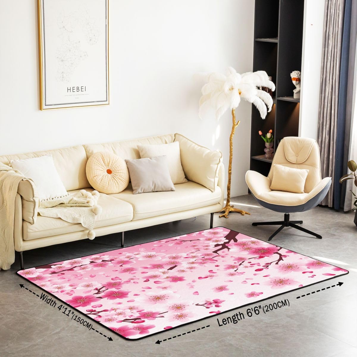 Cherry Blossoms Living Room Rugs 5x7 Japanese Style Living Room Rugs Sakura Flower Area Rug Gradient Pink Decorative Carpet for Boys Girls Kids Adults