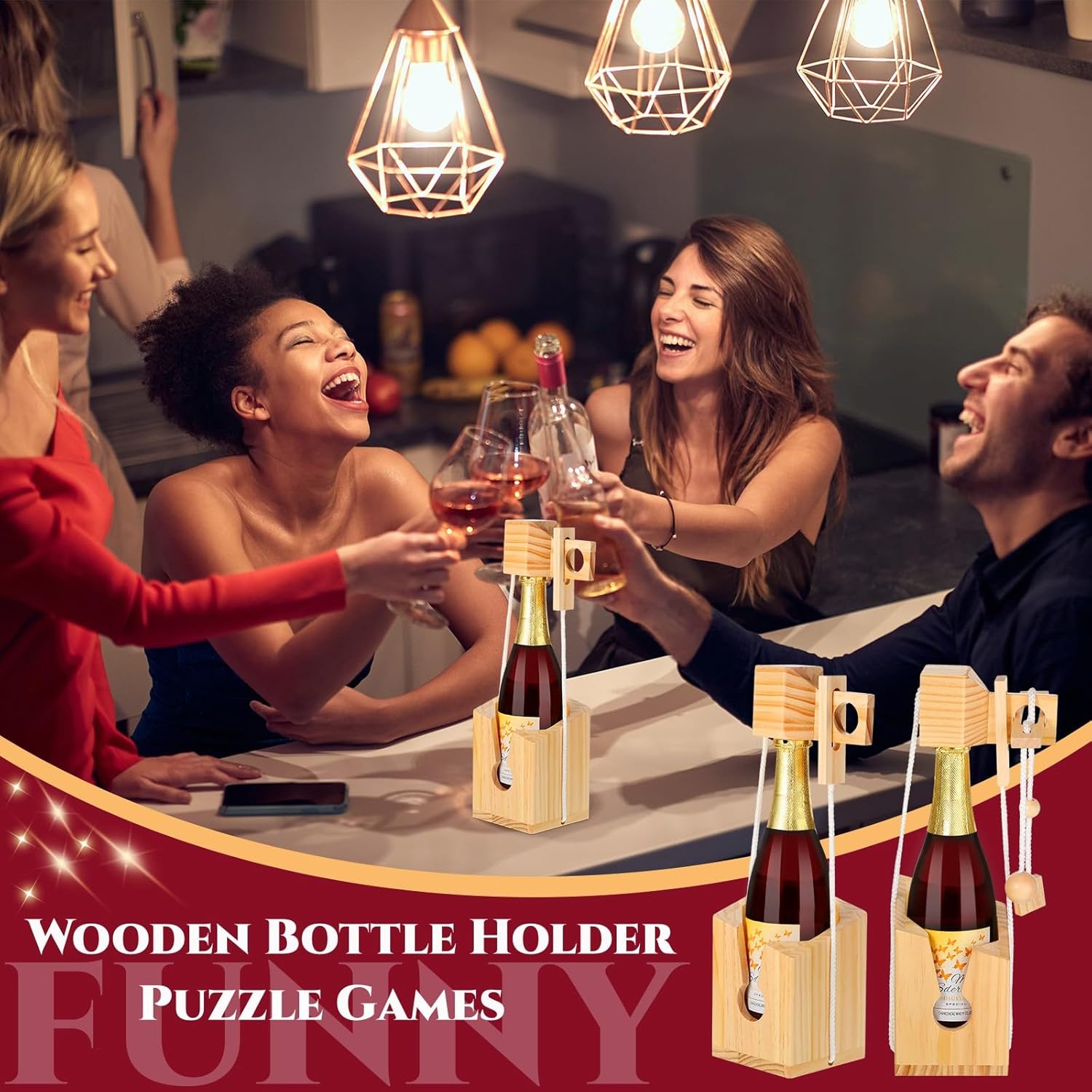 Jenaai 2 Pcs Lock Game Bottle Puzzle Wooden Bottle Holder Puzzle Games for Adults Wood Lock Challenge Fun Brain Puzzle Gift for Puzzle Lover Adults Party Gathering Storage Night Rustic Room Decor